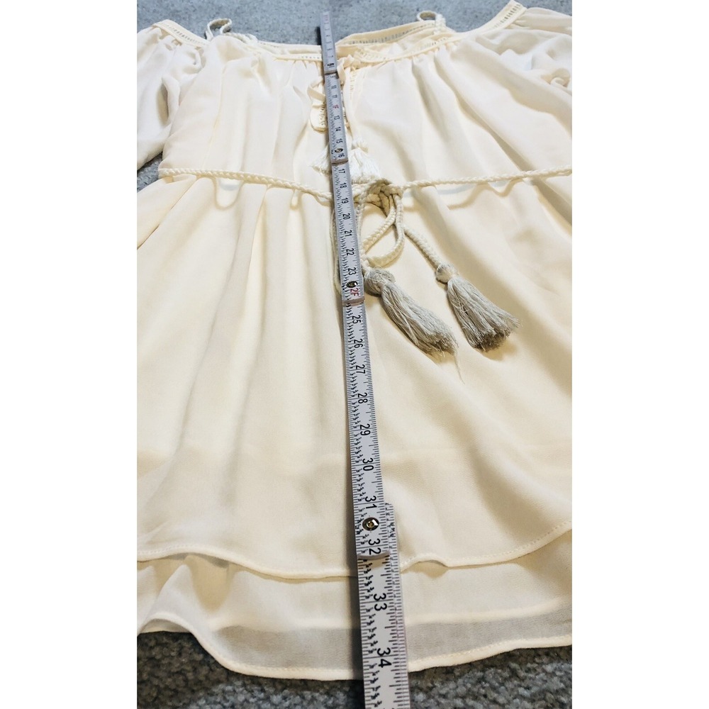 Love Culture Layered Mini Dress Sz S Cold Shoulder Ivory Belted Tassels Coastal - Picture 9 of 13